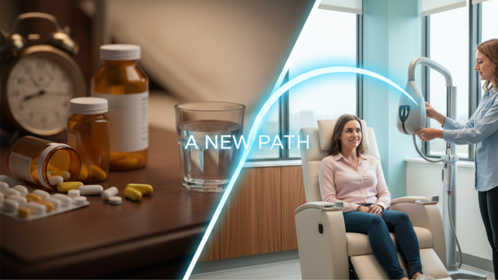 Alternative healthcare options: Split-screen image contrasting traditional medication with a modern, technology-driven medical treatment.