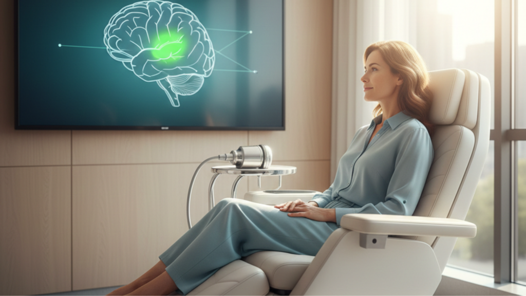 TMS vs Medication: Woman undergoing non-invasive brain stimulation therapy in a modern medical facility.