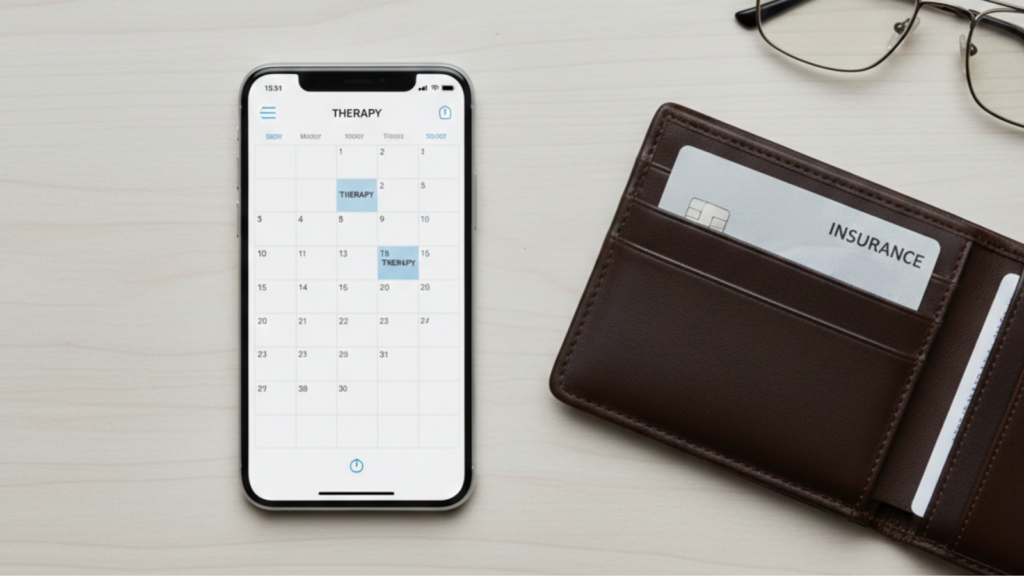 Comparing costs and coverage: Smartphone calendar view and insurance card highlight financial factors in TMS vs. medication therapy.