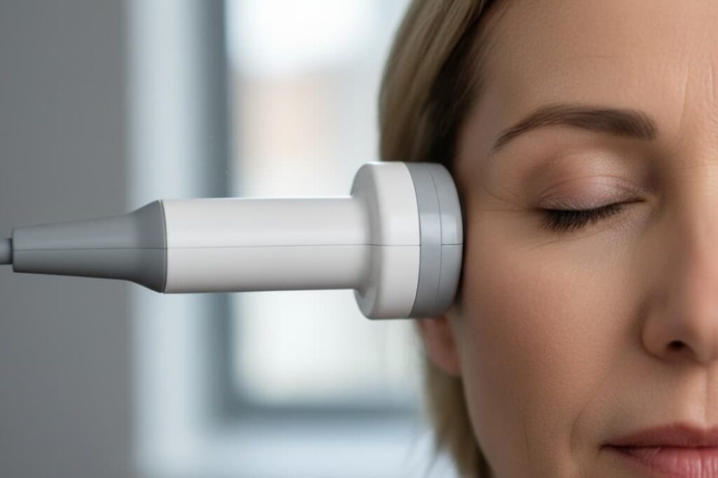 What Is Accelerated TMS shown as a white magnetic coil device placed against a woman's temple during a clinical session.