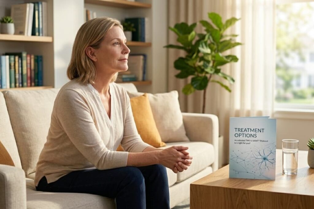 What Is Accelerated TMS explored as a woman sits thoughtfully on a sofa beside a treatment options brochure on a coffee table.