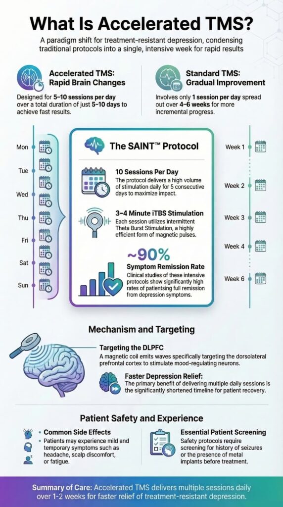 What Is Accelerated TMS infographic explaining the SAINT protocol, session schedule, remission rates, and patient safety.