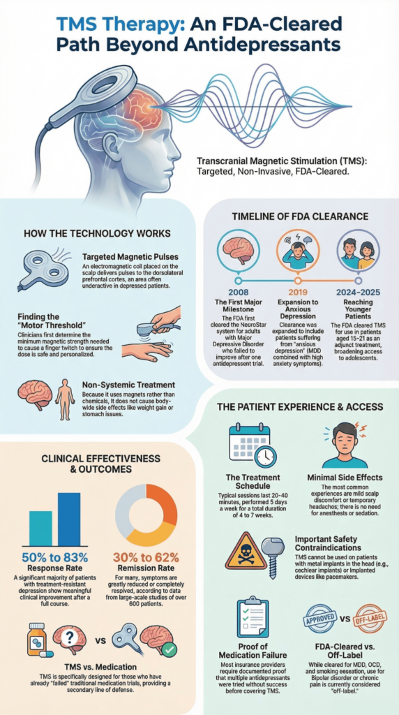 Infographic answering Is TMS FDA-Approved For Depression with clearance timeline and clinical outcome data