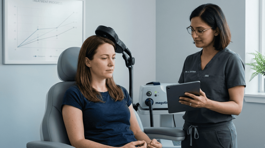 Doctor monitoring TMS Therapy vs Other Depression Treatments progress with patient in clinical setting