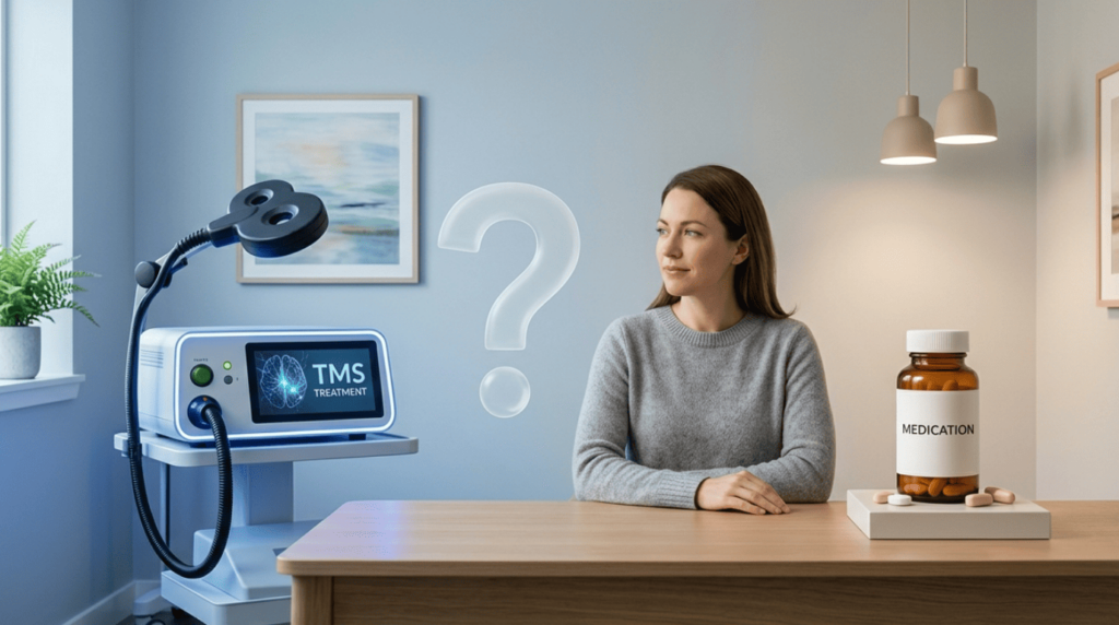 Woman considering TMS Therapy vs Other Depression Treatment options beside the TMS machine and medication bottle