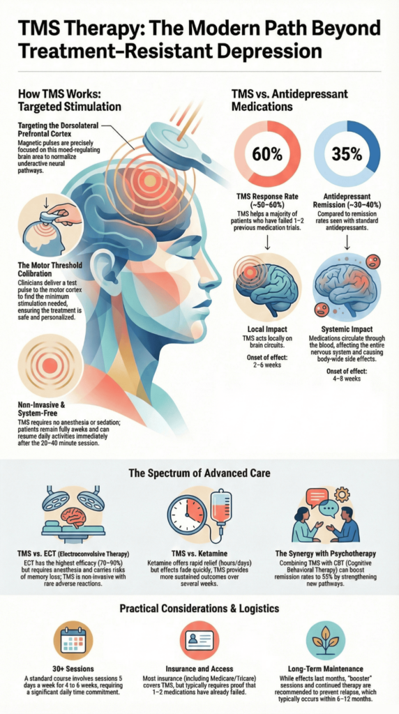 Infographic comparing TMS Therapy vs Other Depression Treatments, including ECT, ketamine, and antidepressants