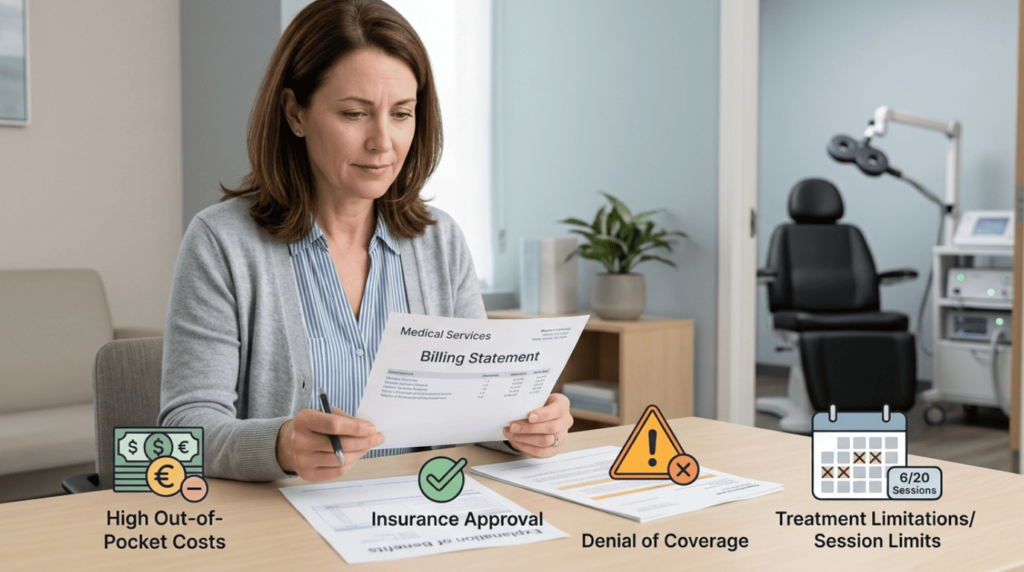 Woman reviewing billing costs to understand if TMS FDA-Approved for Depression is covered by insurance