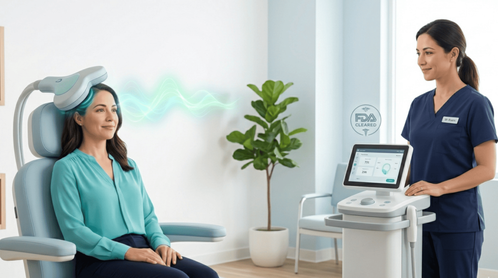 Is TMS FDA-Approved For Depression treatment, as shown by the patient receiving an FDA-cleared magnetic stimulation session