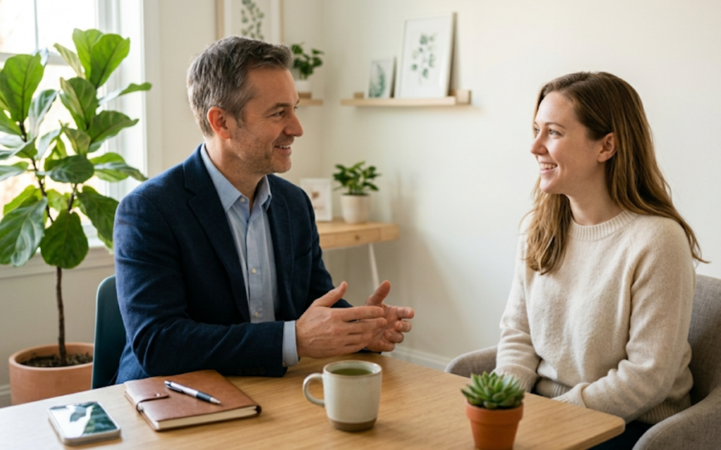 A therapist and patient discuss whether can depression come back after TMS during a calm consultation session. 