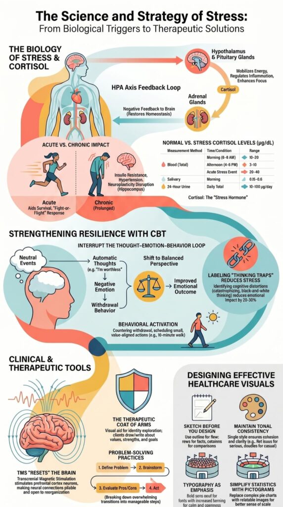 An infographic exploring the science behind stress and whether can depression come back after TMS therapy. 