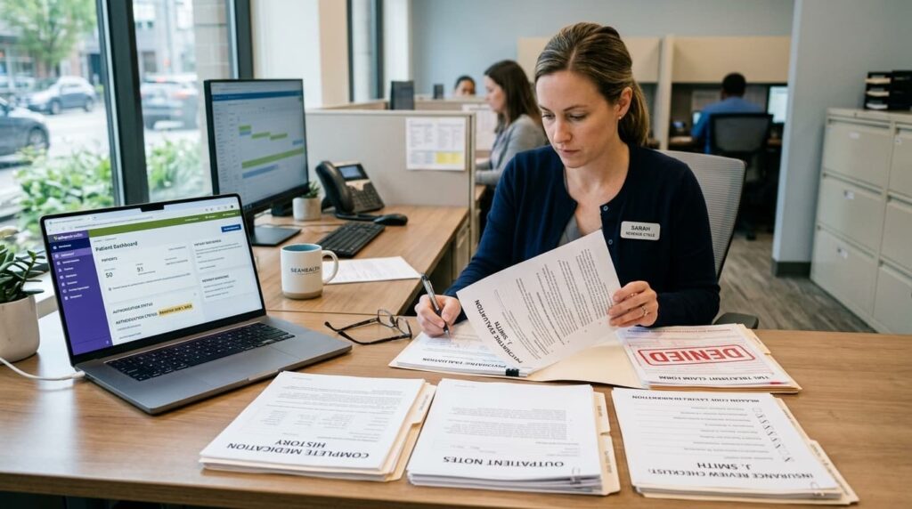 Which insurances cover TMS Therapy? A billing coordinator reviews prior authorization forms and a denied TMS claim.