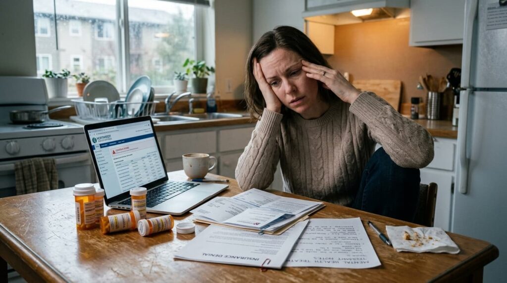 Which insurances cover TMS Therapy? A stressed woman reads an insurance denial letter surrounded by prescriptions at home.