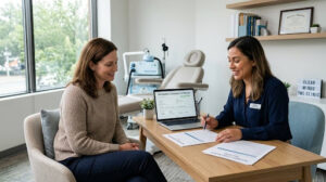 Which insurances cover TMS Therapy? A TMS clinic coordinator shows a patient an approved insurance coverage document.