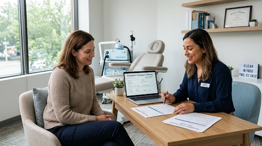 Which insurances cover TMS Therapy? A TMS clinic coordinator shows a patient an approved insurance coverage document. 