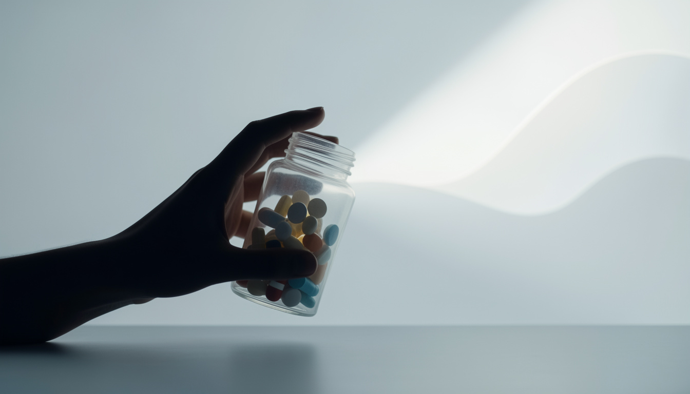 Silhouette of a hand holding a clear bottle filled with medical pills against a bright background.