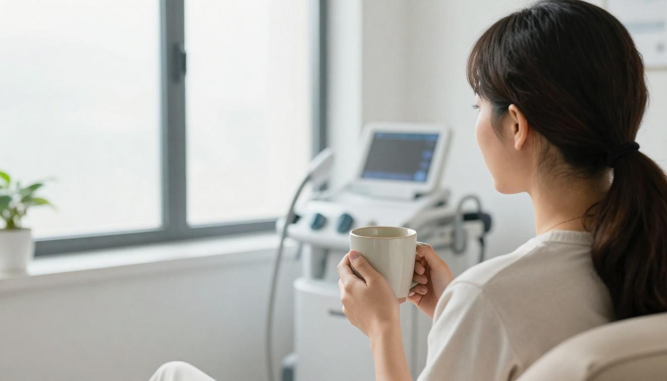 A patient holding a mug inside a bright clinic with a blurred TMS machine in the background.