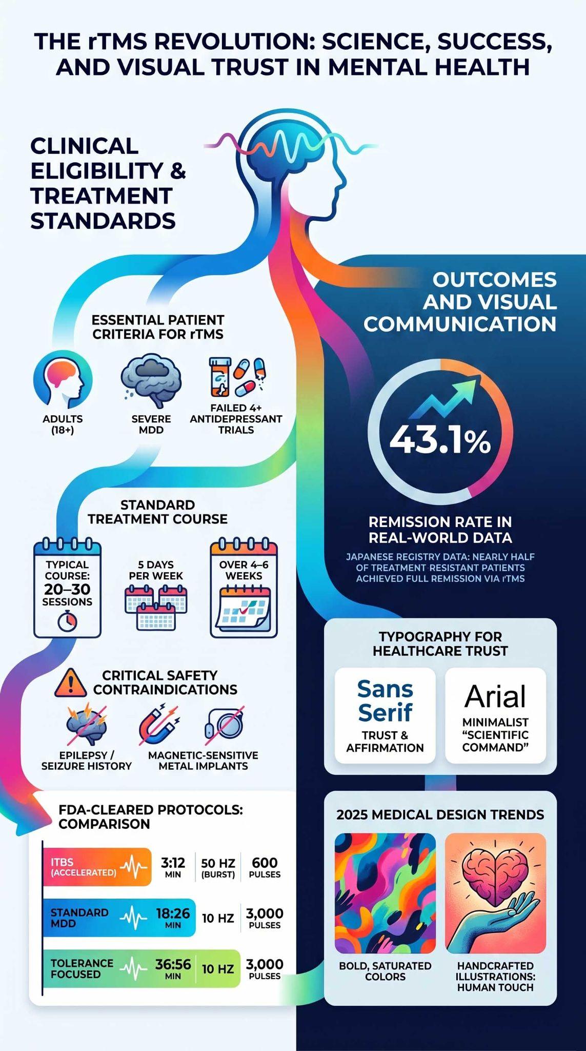 An educational infographic showing clinical eligibility, standard treatment schedules, and protocols for rTMS therapy.
