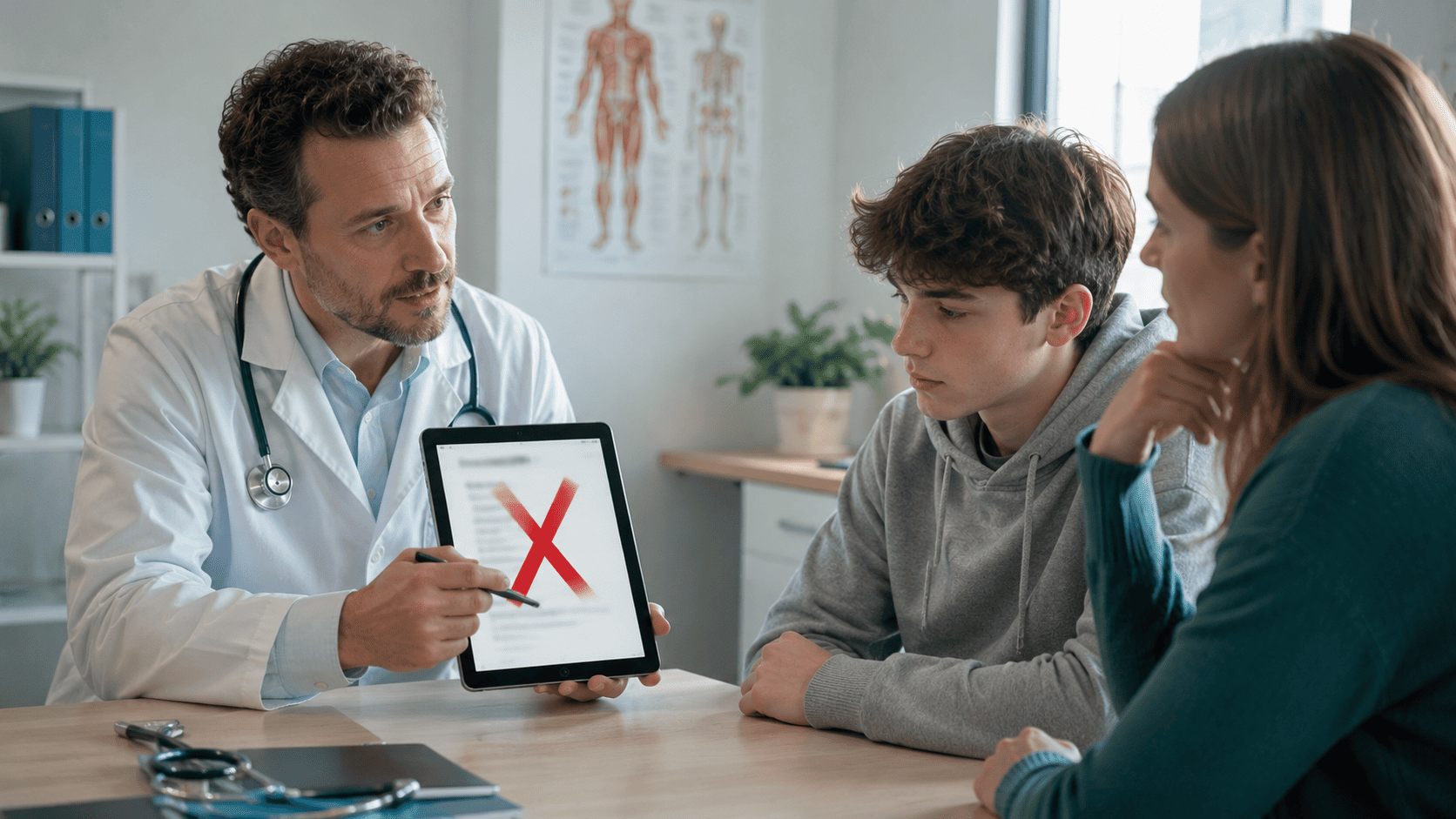 Doctor reviews treatment risks with teen and parent, discussing what is the safest antidepressant for teens.