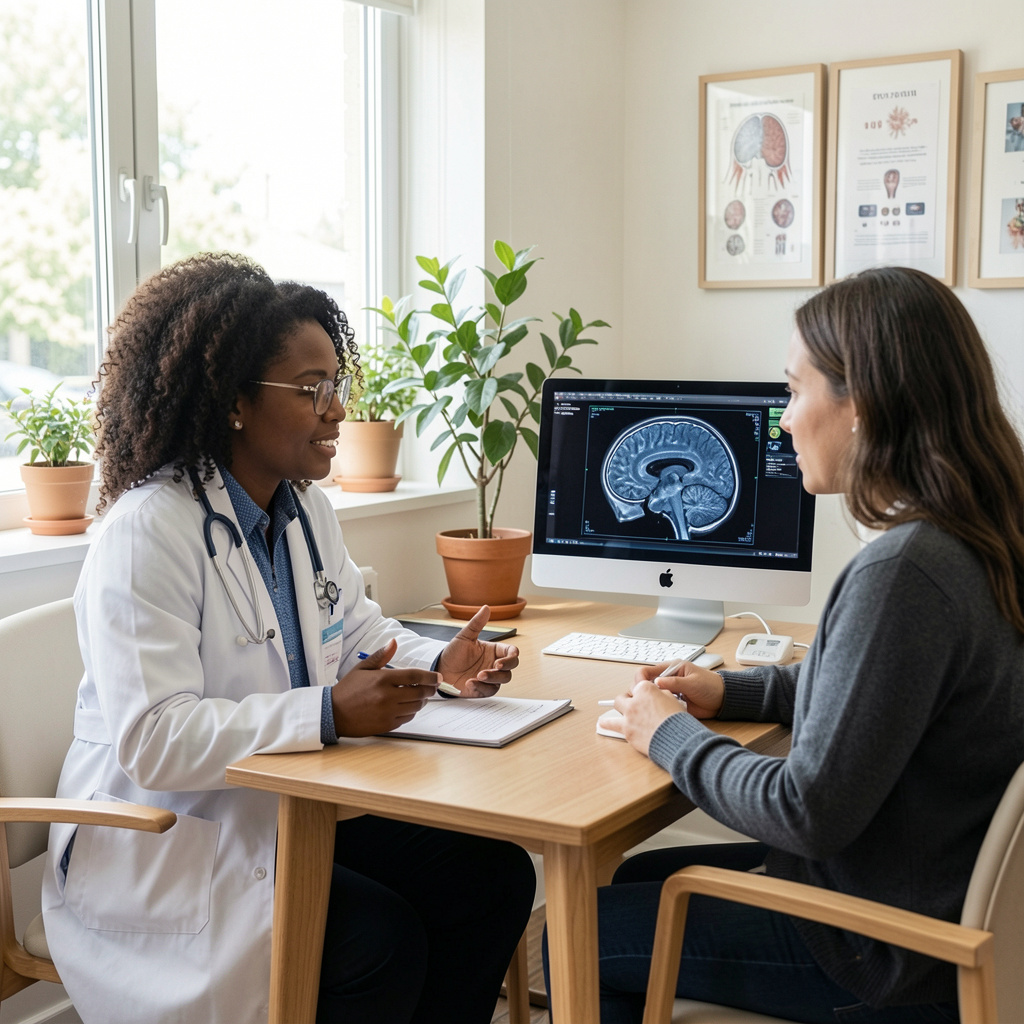 Psychiatrist evaluating whether a patient is an appropriate candidate for accelerated TMS therapy during an initial consultation.