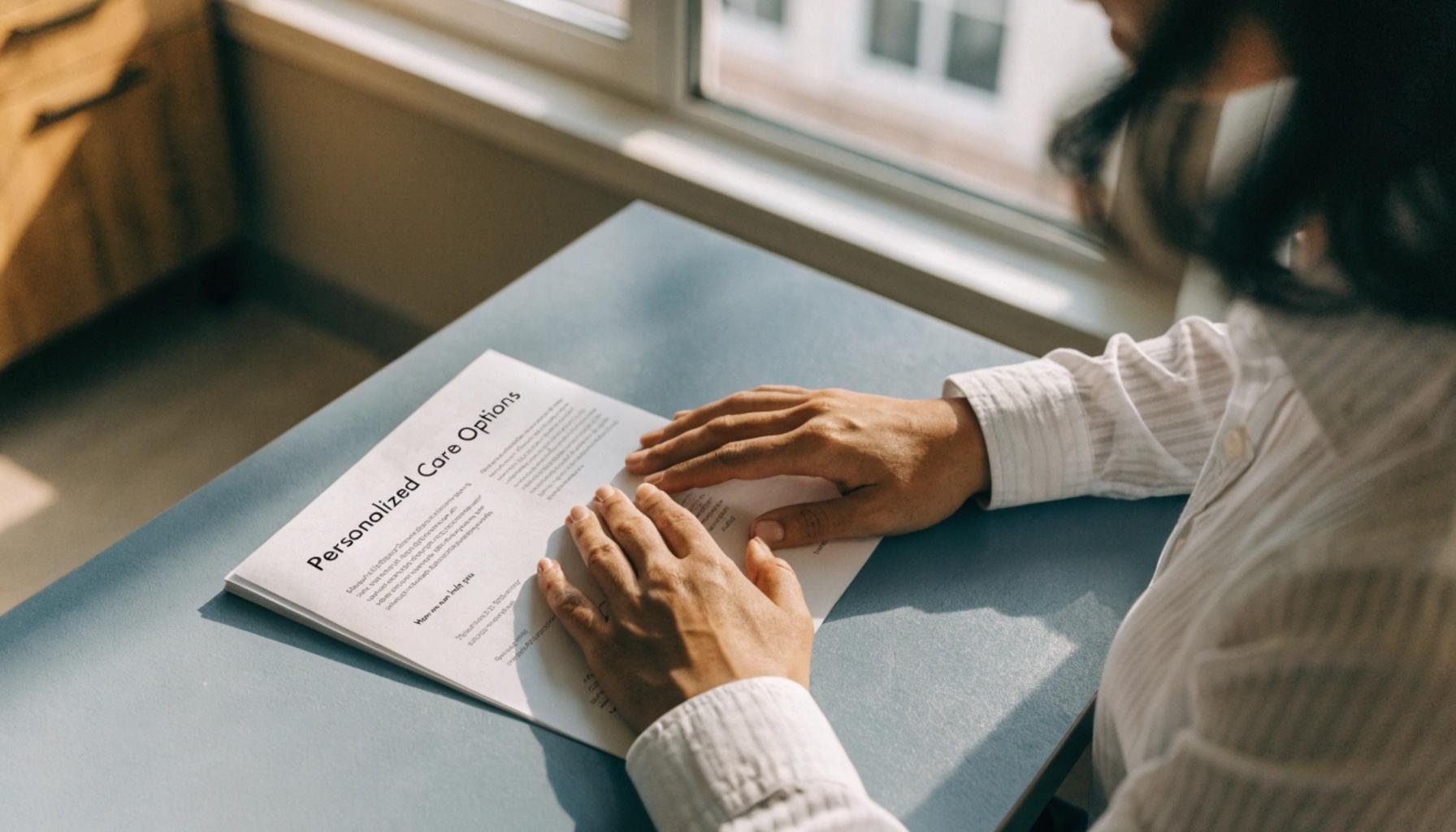 Patient reviewing personalized depression care options and treatment factors in a bright clinical office setting.