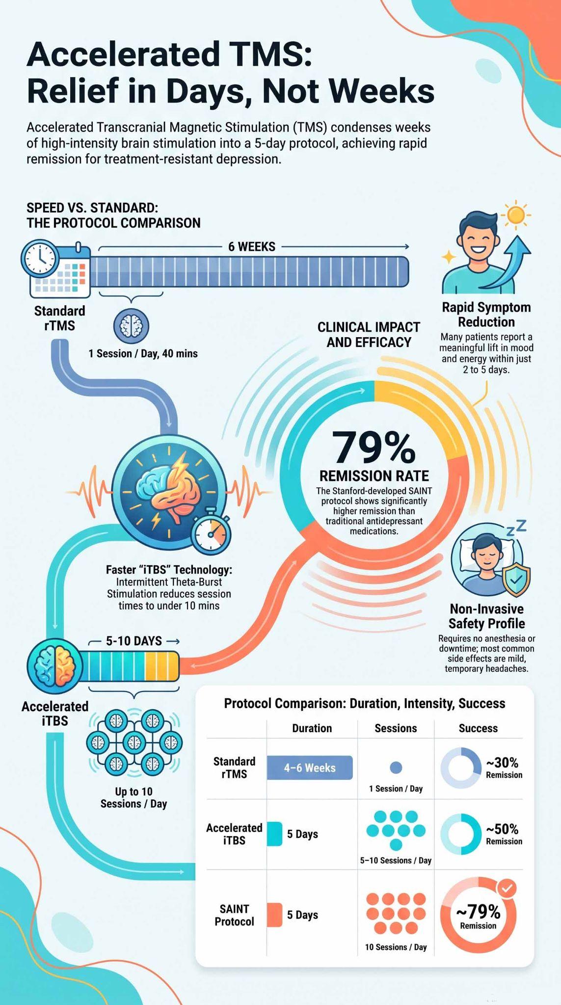 Infographic comparing accelerated TMS and standard TMS for depression, treatment timeline, and outcomes.