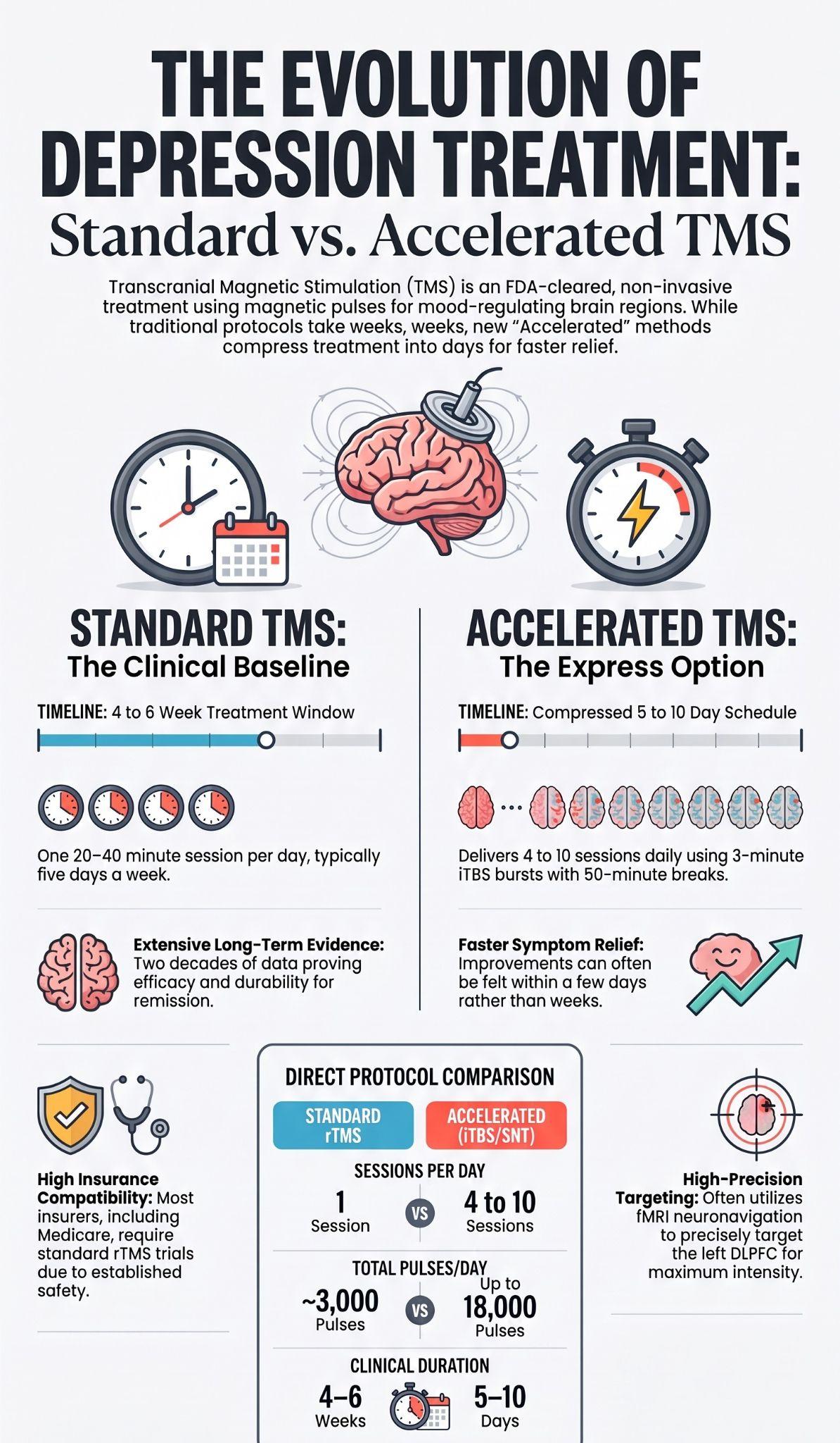 Infographic comparing standard vs accelerated TMS depression treatment protocols, session frequency, and clinical timelines.