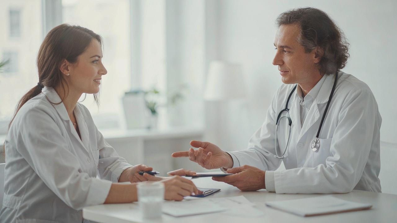 Patient discussing progress and treatment experience with a psychiatrist after completing accelerated TMS therapy.