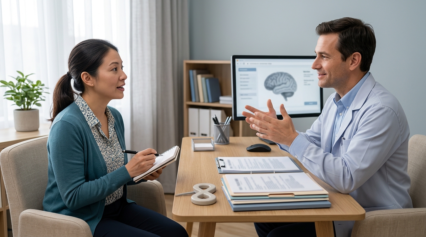 Doctor and patient discuss a brain scan displayed on a monitor during a consultation.