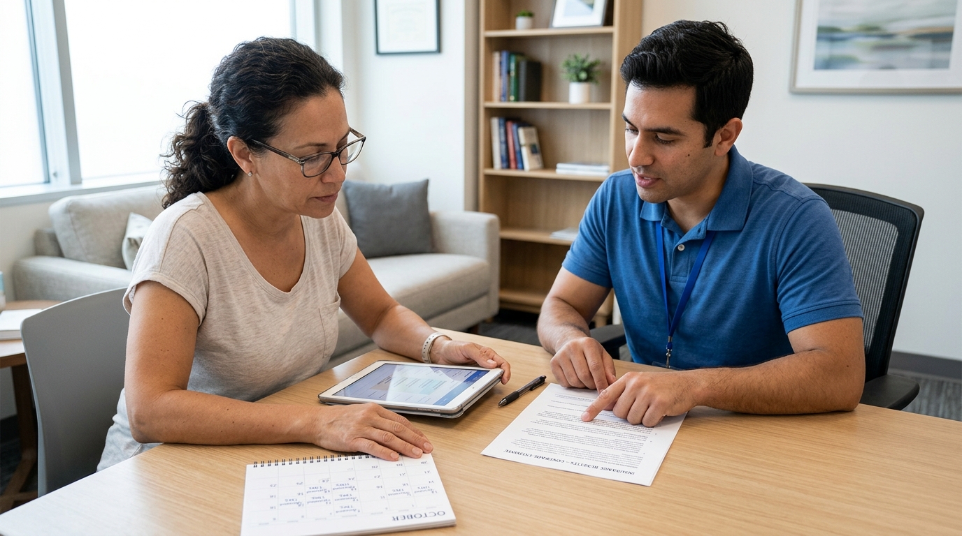 Woman and man reviewing insurance coverage documents and calendar at a desk