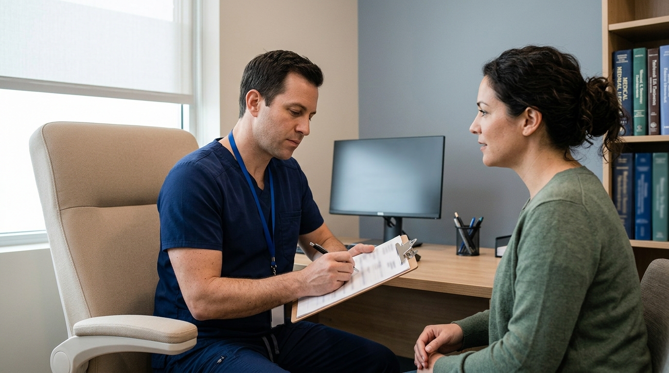 Clinician in scrubs reviews a clipboard with a patient during a consultation in a medical office.