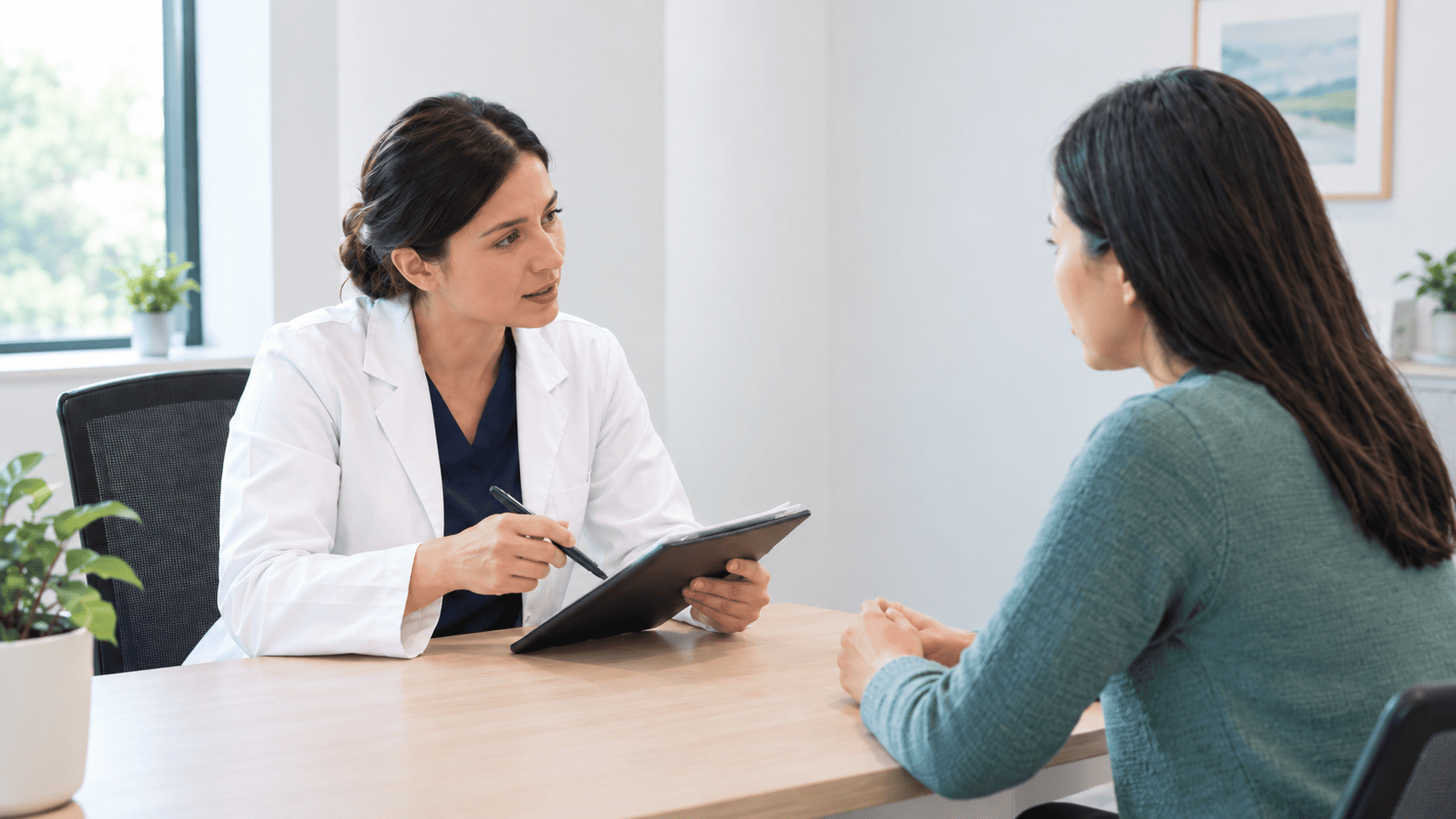 Doctor and patient review treatment options and clinical history during an office consultation.